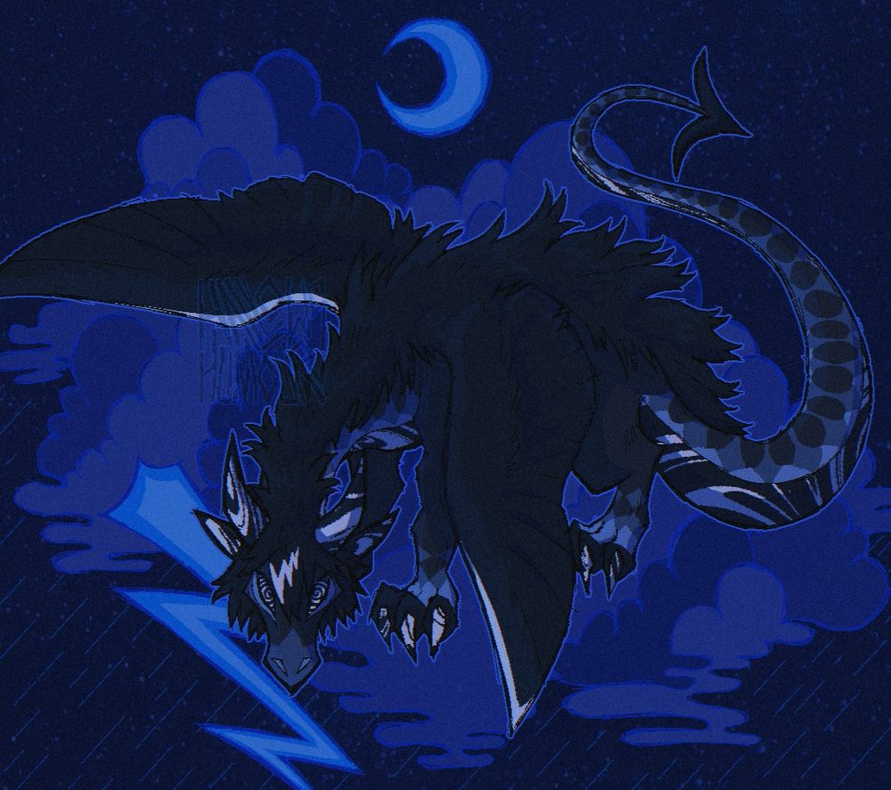 Dragon oc of mine Ark, who is a lightning dragon, he is standing in a defensive sort of pose, on a storm cloud looking into the view, a lightning bolt to the left of his head and the moon above him.