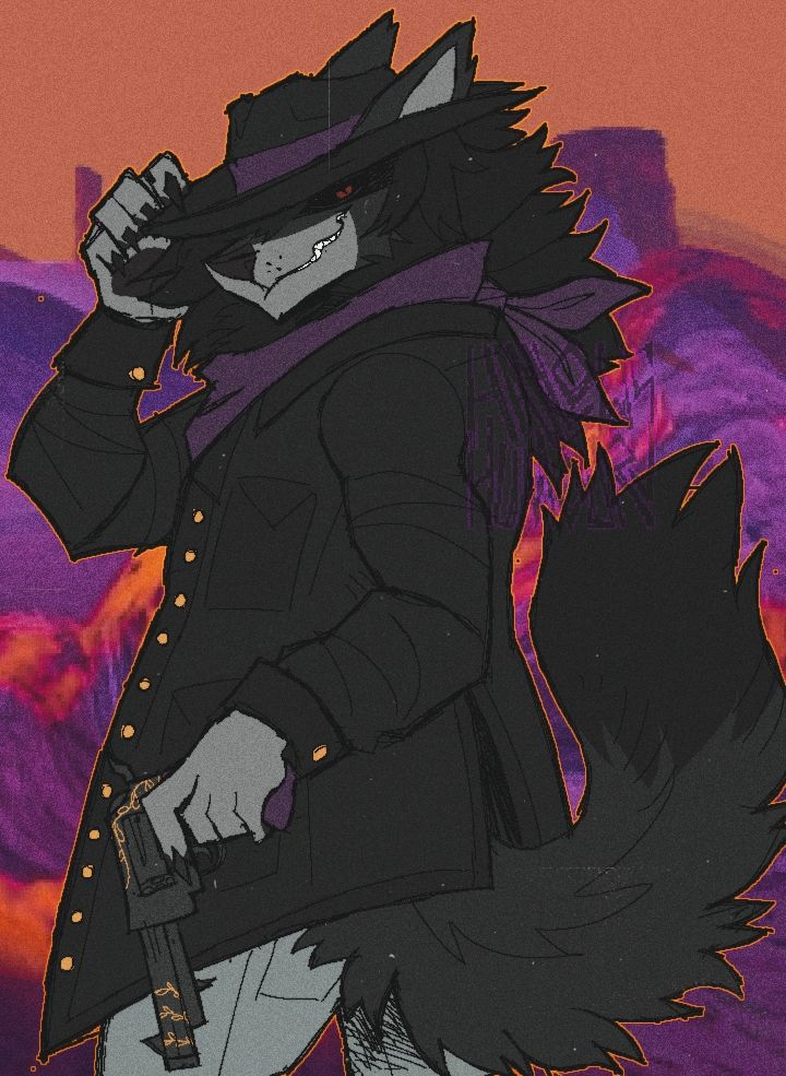 Gift art of Val's wolf sona for their birthday! Happy birthday valuable critter!!! They're a cowboy, turned away from the view but looking back and holding a pistol.