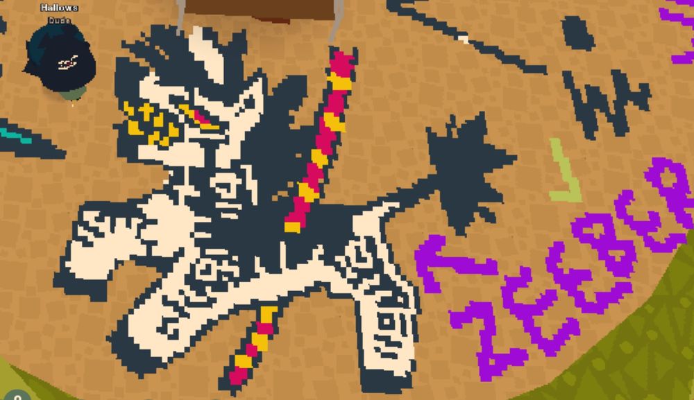 A carousel themed doodle of my zebra fursona, he's got a red and yellow pole going through his torso. There is also an arrow pointing to him that says "zeeber" added by my friend Demure. All drawn in the game WEBFISHING