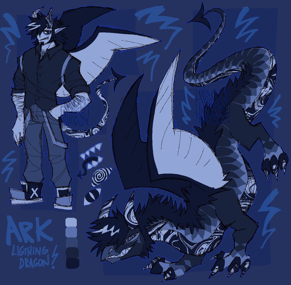 Ref sheet of guy I made for fun, after I dreamed I was a man with albatross wings. Ark is a lightning dragon who hides in human form. He is dark blue greys with swirling black and white marble patterns. He's how I'm tryina be tbhh fr fr