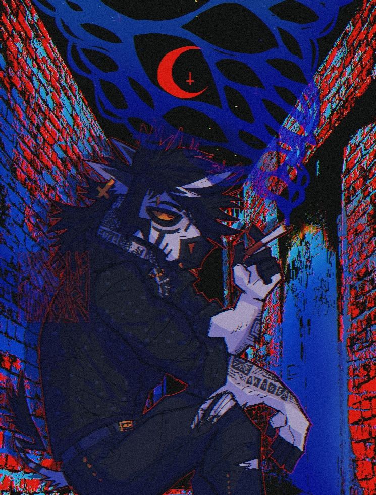 Art of my zebra main fursona, Dean sitting in an alley and smoking. A melancholy expression. The background is distressed photomanipulation with added blue smoke and a red moon.