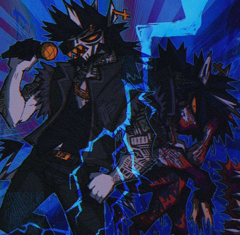 My main zebra fursona, Dean. 
Dean is a zombie who needs to kill to live and to appease the demon that made him famous. On the left shows him singing into a microphone, the middle is separated by a lightning bolt, the right shows Dean hunched over and covered in blood, looking at view, his expression is hard to read.