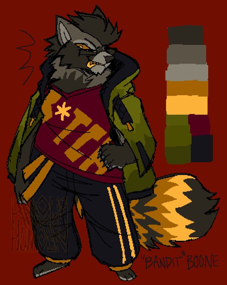 A drawing of another redesign of my first ever fursona, bandit, a raccoon who originated back in 2016. Just playing around, I tried to design the way I would now, and fit her into the shockverse. Kept it a lot more faithful than prevs redesigns despite the weird colours lol