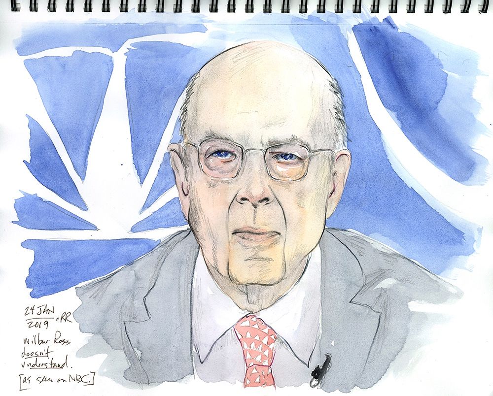 Watercolor sketch of Wilbur Ross, Sec of Commerce 2017 - 2021. He is wearing glasses and squinting into the camera with disdain. Ref pic  snagged from a 2019 NBC news appearance. Pencil, watercolor and Inktense pencils in an 11x14" Canson Mix Media spiral notebook. 