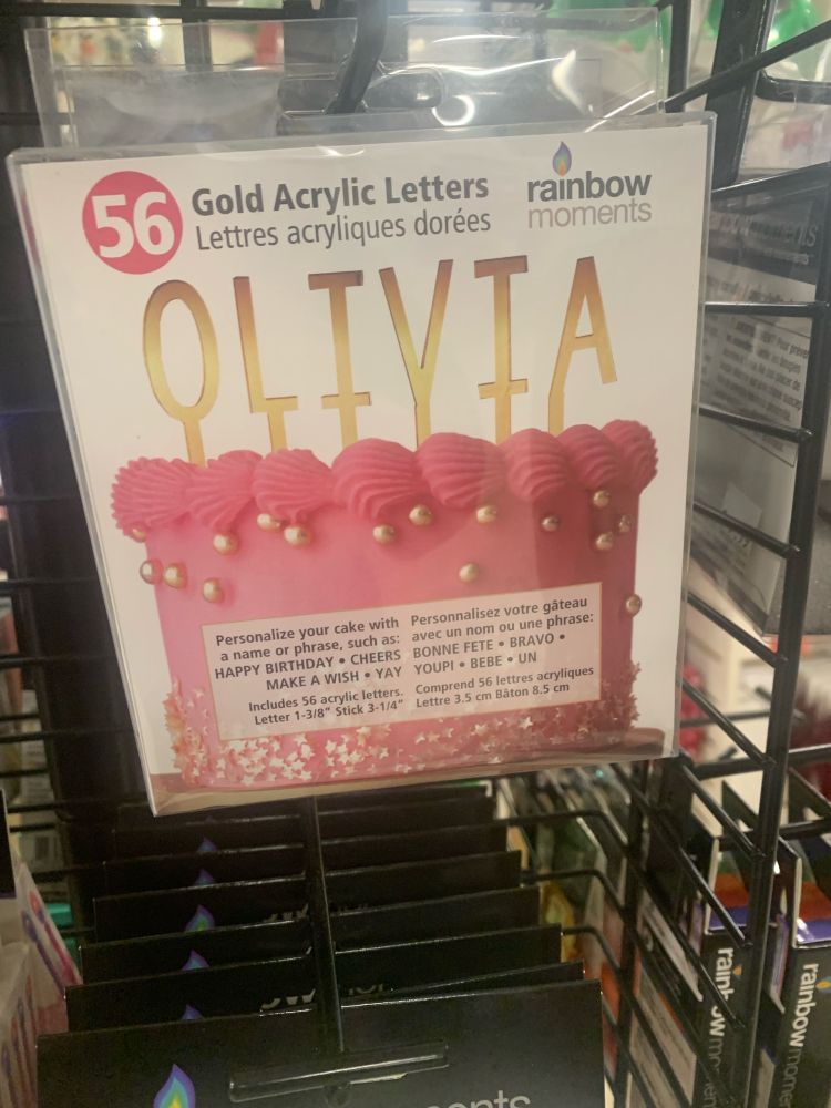 Birthday candles (letters)

Packaging cover includes letter candles that spells out the name Olivia