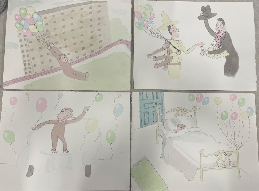Top left: George flies away with balloons; building and greenery are surrounding him

Top right: Man with the Yellow Hat (Ted Shackleford) pays for all the balloons after finding George.

Bottom left: George is on top of a table dancing; room surrounded by the balloons

Bottom right: George is sleeping in bed; balloons are tied up on his bed.