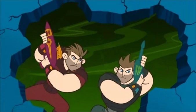 Tim Possible (left in red) and Jim Possible (right in green) as adults in the future. They are both holding weapons.