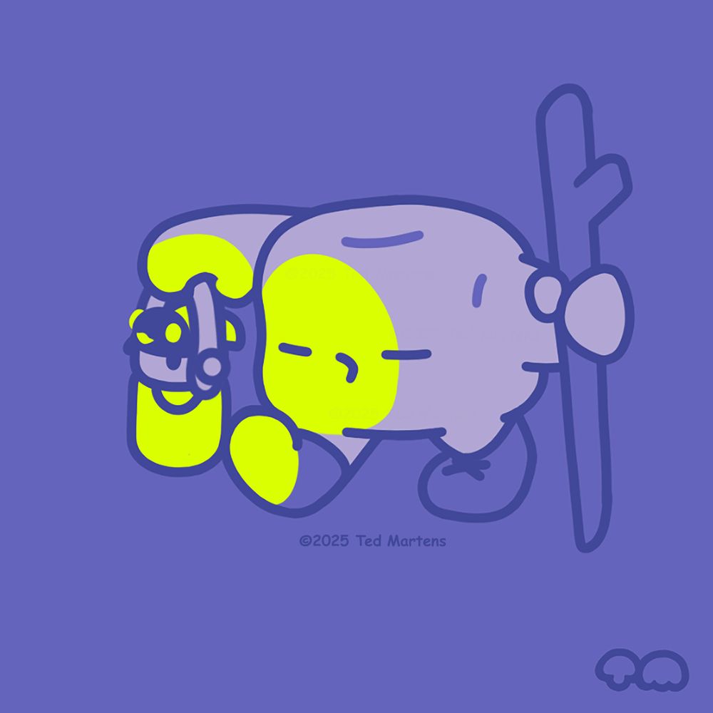 Illustration of a marshmallow character walking holding a hiking stick and a lantern with a lightning bug friend inside illuminating it. Colors are purple and yellow-green.