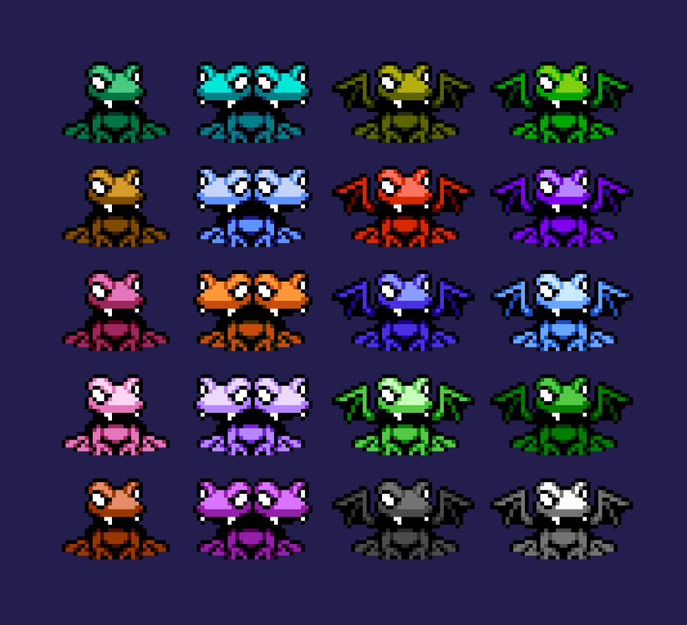 Pixel art sprites of some frog monsters, some variants with one head, two heads, and one head with wings.