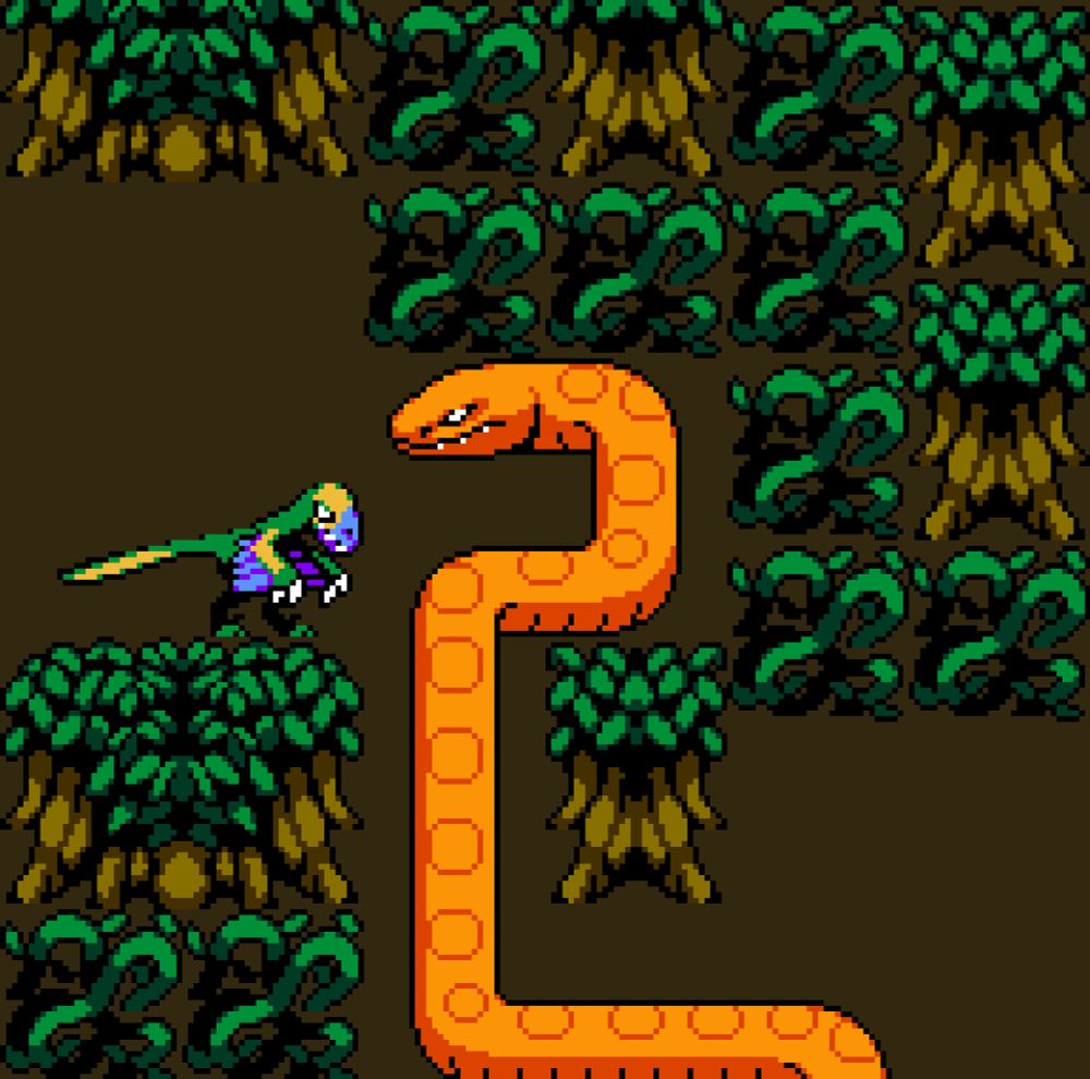 pixel art sprite of a large orange snake and a smaller theropod dinosaur with feathers. There are jungle trees and vines around the creatures.