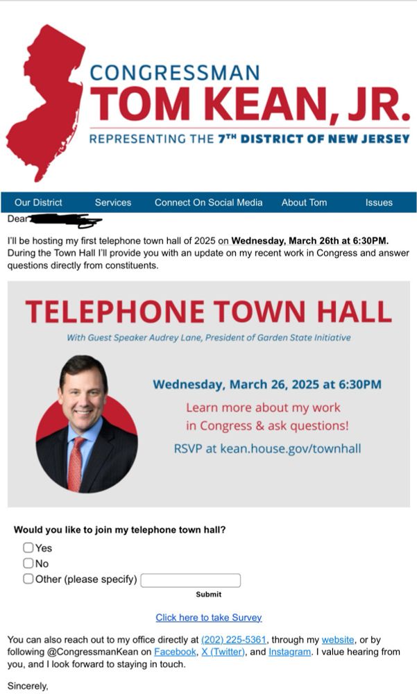Congressman Tom Kean Jr of NJ telephone town hall