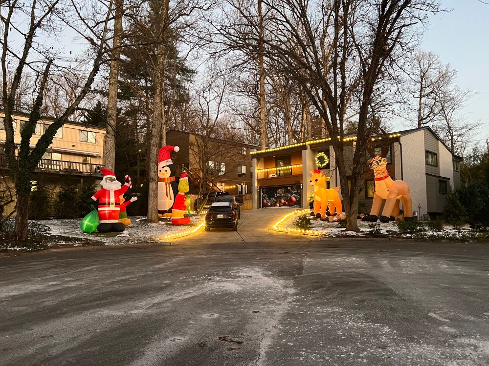 The inflatables (Santa, grinch, penguin, reindeer) are feeling better after their weekend party.