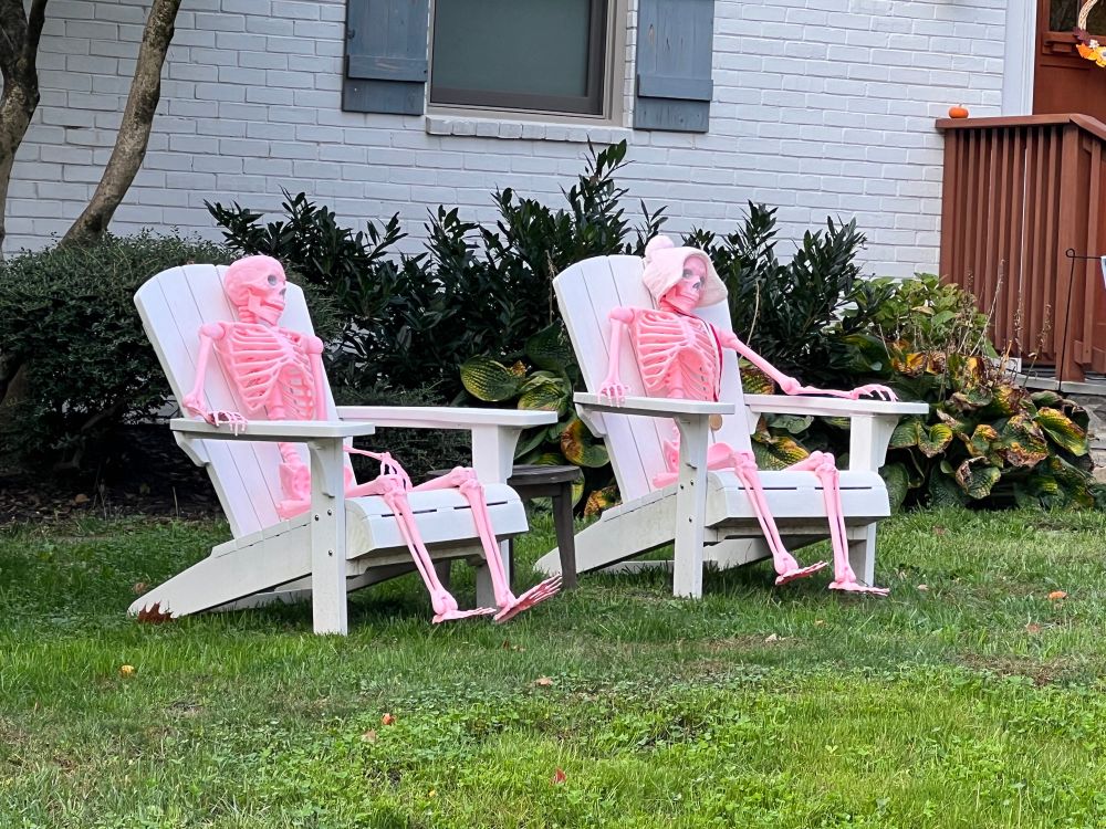 Two pink plastic skeletons sitting in two white wooden Adirondack chairs on a green lawn. One is wearing a white hat and an athletic ribbon with medal attached.