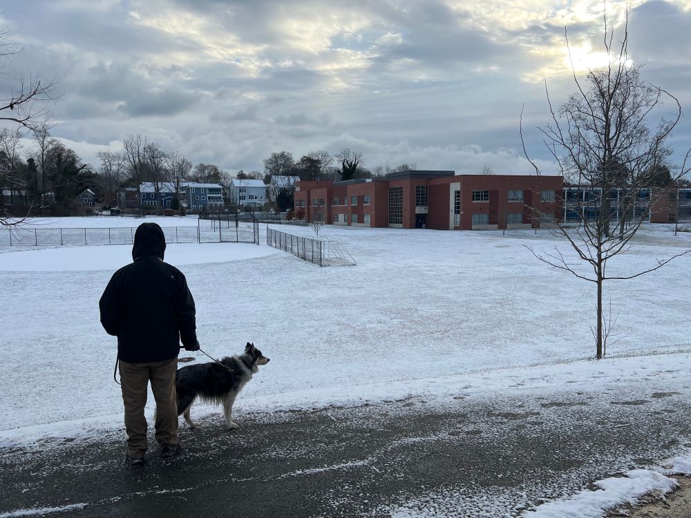 Man and dog at the top of sledding hill, as it is known after a snowfall. Field is dusted in snow and Sun is breaking through the clouds.