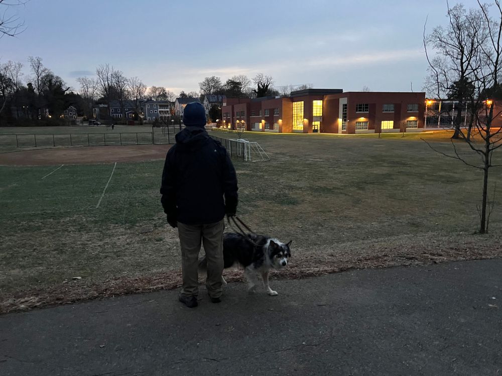 Man and dog standing on a hill at civil dawn. No sunrise as yet, lighted building and dark field in background.