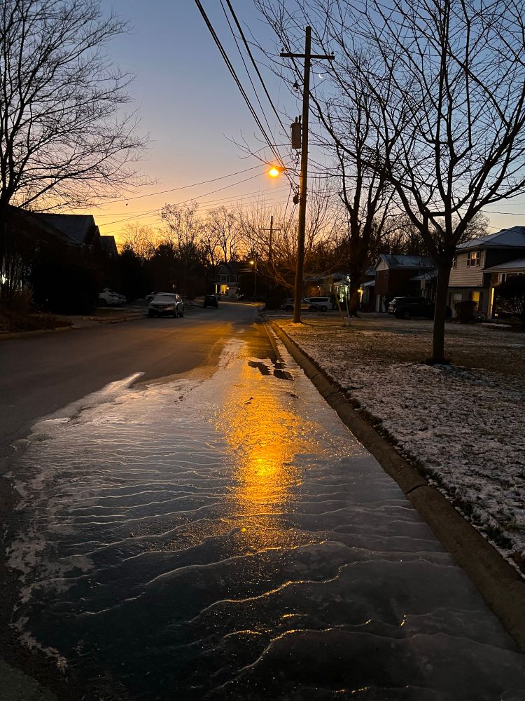 Sunrise and street light reflected in an ice flow on a street. Trees, utility pole and houses line the street.