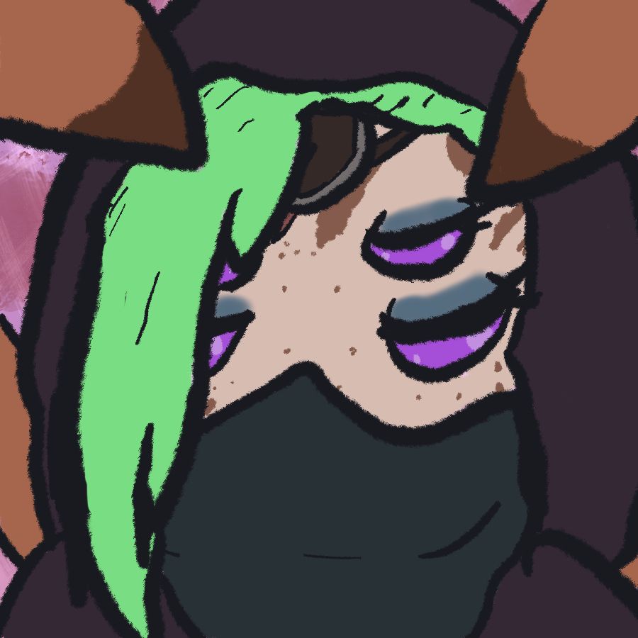 a close-up of Cinni the spider-lady. She has an eyepatch over one of her five purple eyes and a stream of green hair on her right. her mouth is covered up by a gaiter-like mask. Pulling up her hood are two of her spide appendages.