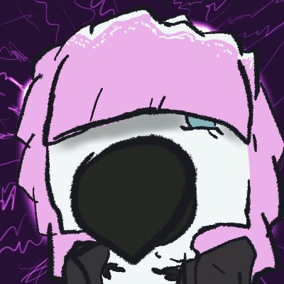 Close-up of bird lady Orro Keslee with a bob of pink feathers up top resembling hair. The bangs almost entirely cover her blue eyes.