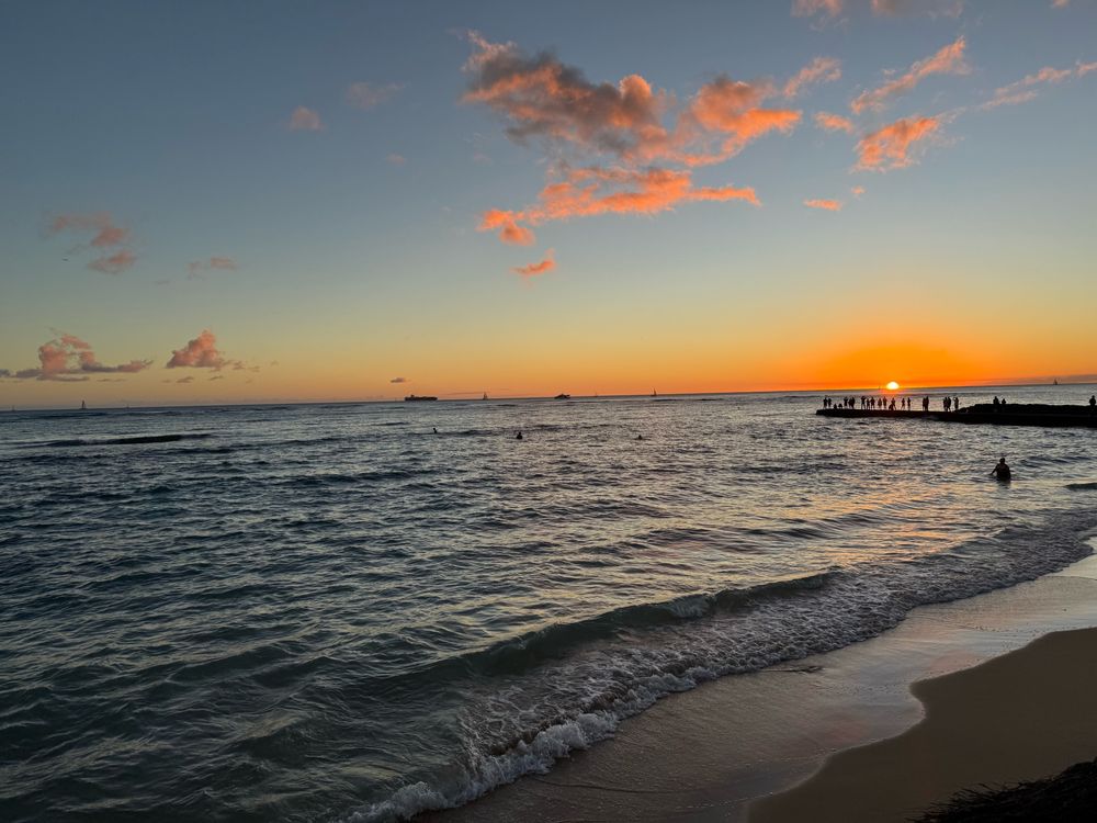 Waikiki beach at sunset. 