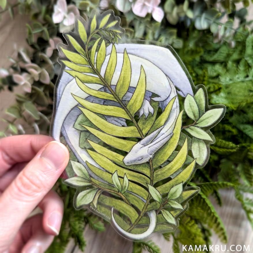 A large vinyl sticker of a cute white dragon curled around a sword fern with clear backing. Text reads kamakru.com