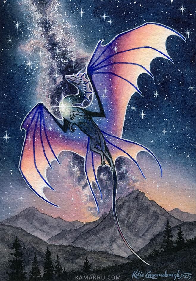 A watercolor painting of a colorful sunset and star colored dragon with wings of blue, purple, pink and orange flying upward into a starry night sky. The milky way galaxy blazes upward, lit with stars, and the landscape is mountains and a few trees on the closest hill. A bright star shines in the upper chest area of the dragon, and stars shine within its wings. Signed by artist Katie Croonenberghs 2025 and text reads website kamakru.com