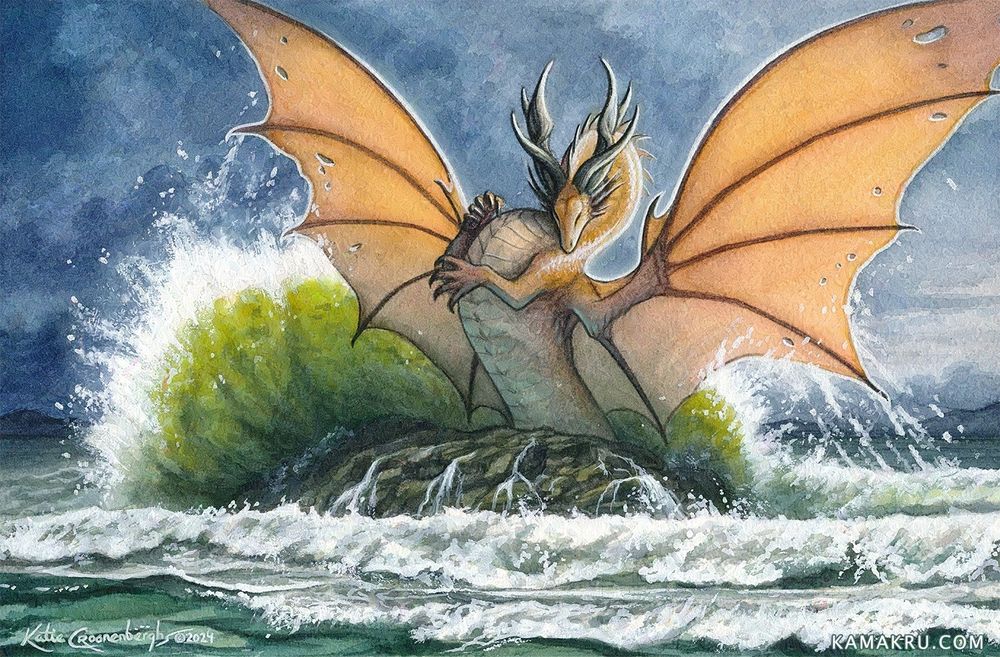 An illustration of an orange sea dragon flaring its wings as it rears out of the water onto a rock. A green wave crashes from up behind it and waves roil in the foreground. Signed Katie Croonenberghs 2024, text in lower right reads kamakru.com