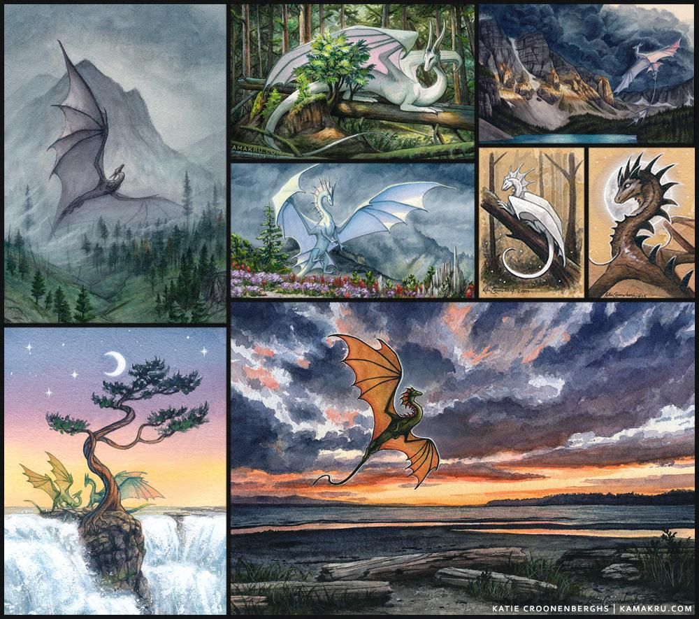 A variety of dragon artworks painted in watercolor, gouache and a couple of small ink on coffee stained paper. Dragons flying through mountain backgrounds, lounging in the forest, flying over a lake with thunderclouds, dragons meeting by a tree above a waterfall, a dragon flying over a beach during sunset. Text reads Katie Croonenberghs kamakru.com