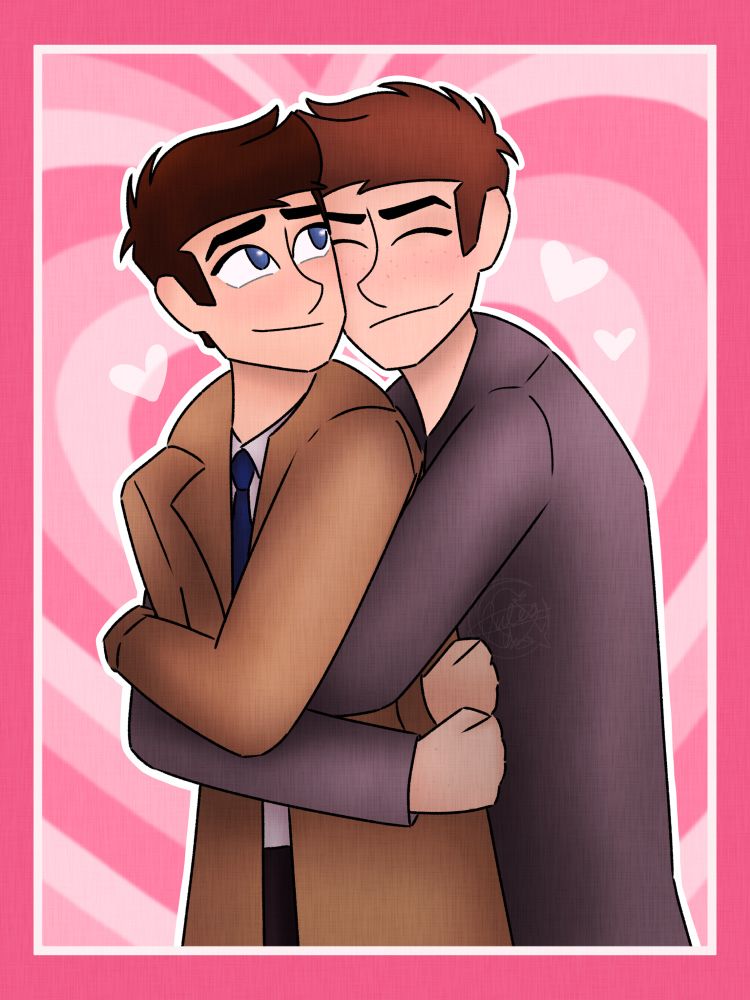 Drawing of Dean Winchester clinging onto Castiel in a hug from behind with a pink heart background for Valentine’s Day