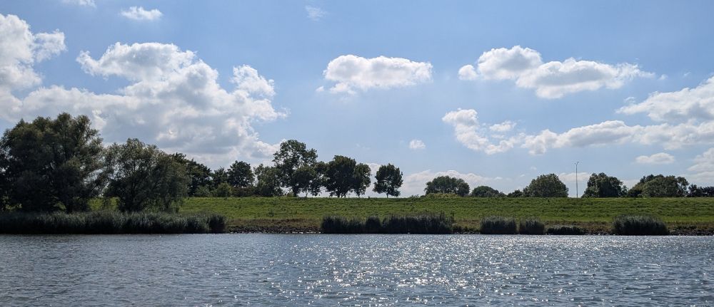 View from the water onto a dike covered with green grass and with green leaved trees in front, on top and behind. The sun makes the water glitter. The sky is light blue with white clouds.