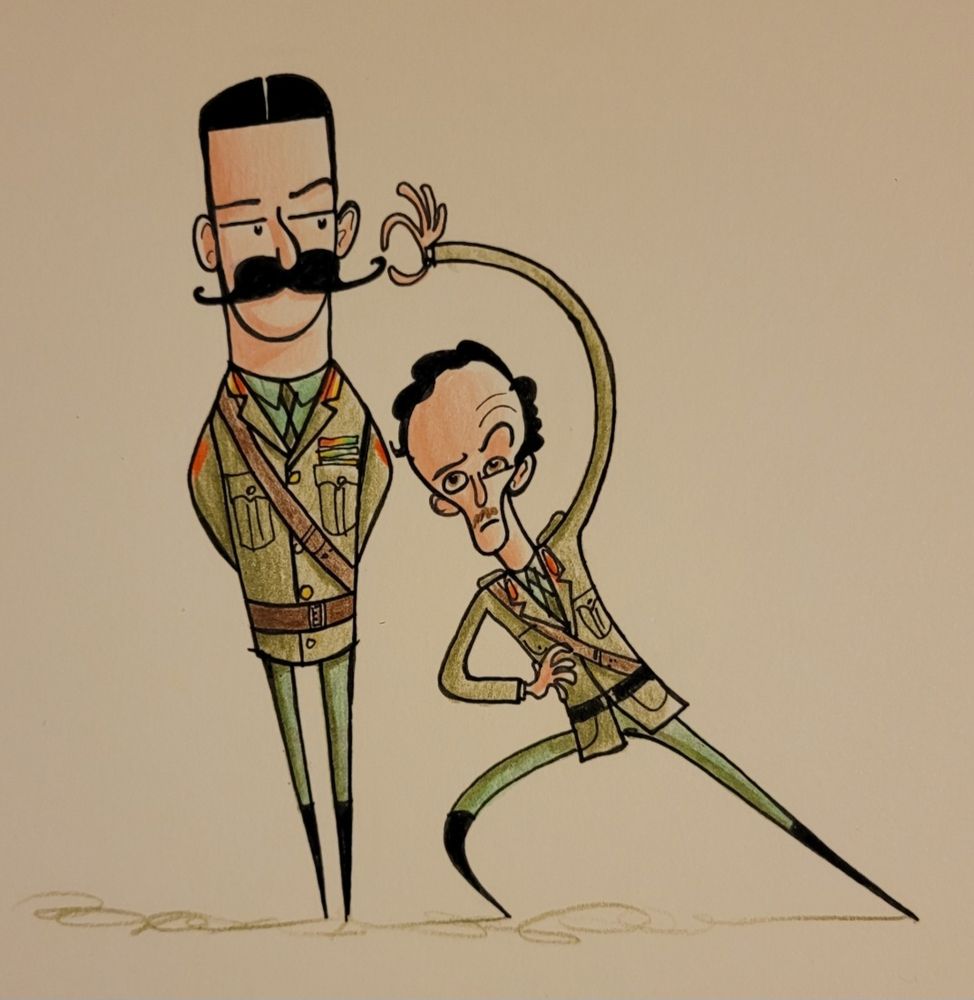 Drawing of General Melchett and Captain Darling, as played by Stephen Fry and (Blackadder's greatest actor) Tim McInnerny