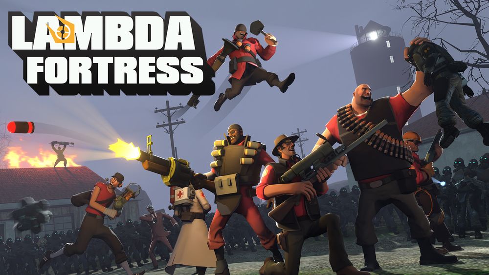 A Lambda Fortress Promo image, the 9 TF2 mercs can be seen fighting Combine Soldiers at a Lighthouse level seen in Half-Life 2.