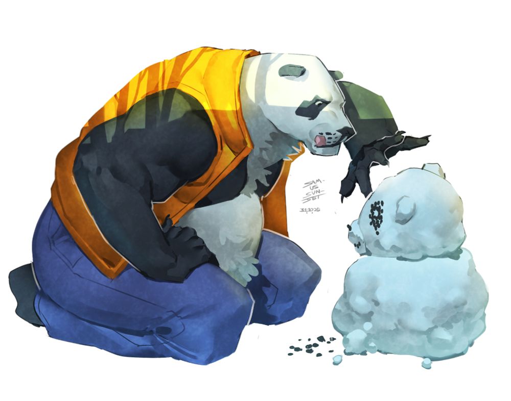 Polar panda meticulously placing tiny pieces of coal on a polar panda snowman