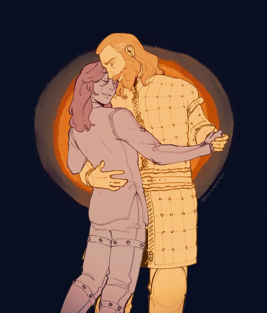 an illustration of a couple, pictured from the knees up. they are slow dancing and their expressions are soft and tender. on the left is gwen trevelyan, a nonbinary human. they have long dark hair and a straight build, with a forked scar on their right cheek. on the right is blackwall, who is a bit taller than gwen. the couple is not fully colored, but gwen is shaded in a soft blue, almost a purple, while blackwall is shaded in a golden yellow. the background is a dark navy blue with a warm sunburst behind the couple’s faces and torsos, making it look like they are lit from behind by a fire of some sort. 