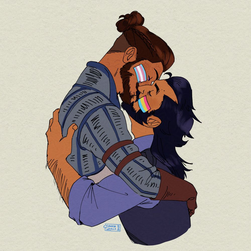 a flat color illustration of my rook, jasper thorne, and lucanis dellamorte, kissing in a sweet embrace. they are pictured from the waist up. jasper (left) is a tan human man with dark brown hair pulled up into a bun and a beard, wearing grey and blue armor; lucanis (right) is a tan human man with black hair in a sort of feathery mullet and a beard, wearing a purple shirt and vest. jasper is taller/higher up than lucanis, and his arm is resting over lucanis’s shoulder, while lucanis reaches up with one arm and has his hand on jasper’s back. they both have pride flags on their cheeks; jasper has the trans pride flag, and lucanis has the pansexual pride flag. 