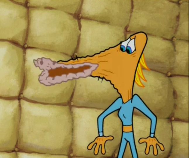 An orange fish woman from SpongeBob with horribly dry lips