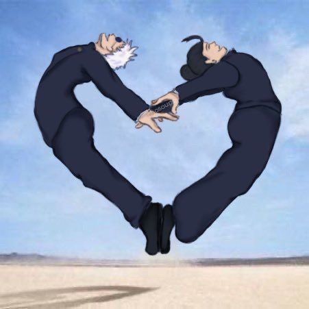 A photo of Gojo and Geto jumping together and creating a heart (lol)