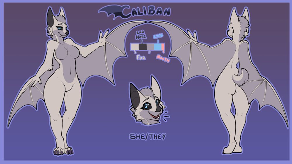 Reference sheet for a lilac curvy bat called Caliban <3