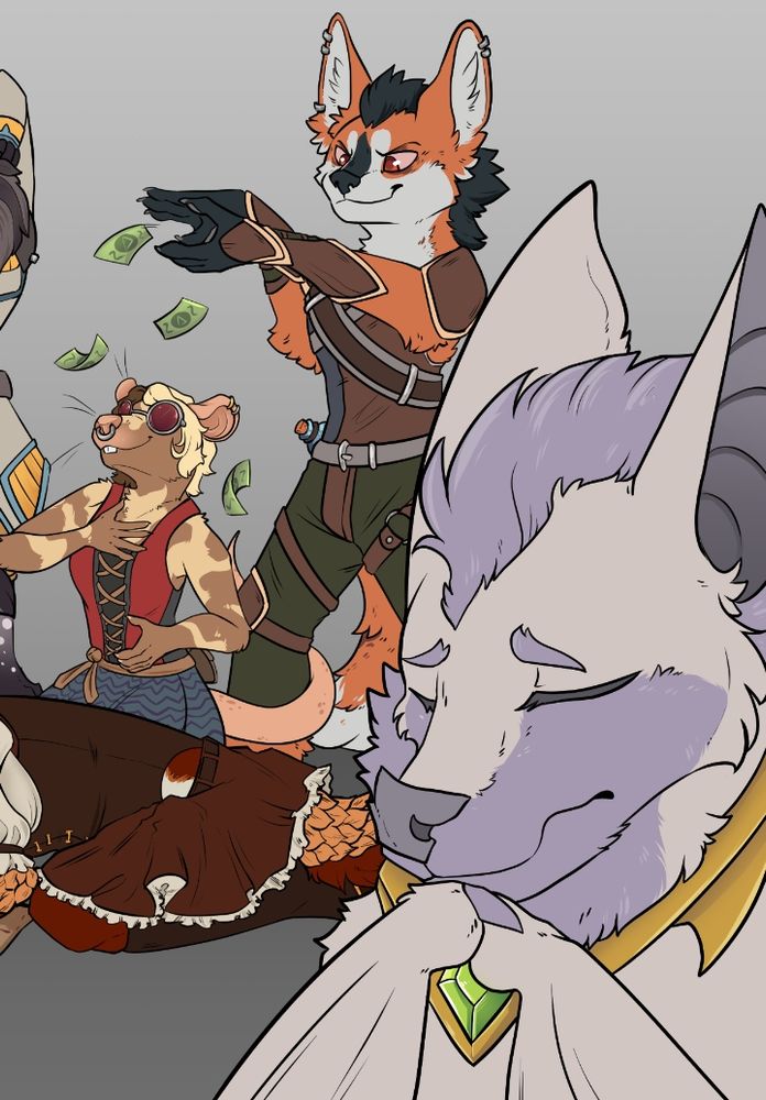 A crop from a rather chaotic scene with lilac bat Caliban in the foreground, and a maned wolf throwing money over a mouse in the background 