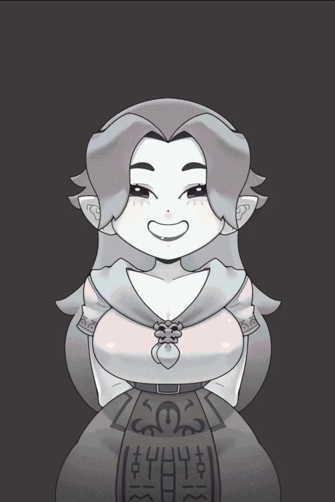 A greyscale art of Malon from the legend of Zelda, she’s smiling and has her hands behind her back 