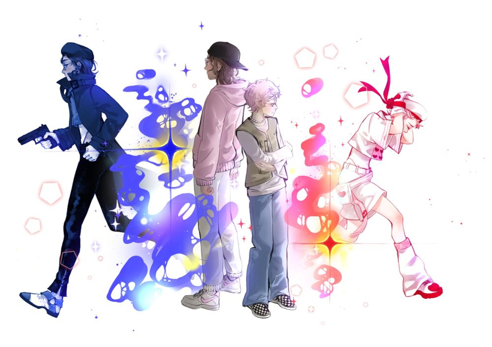 Two boys standing back to back while their magical boy forms run away from each other in the background.