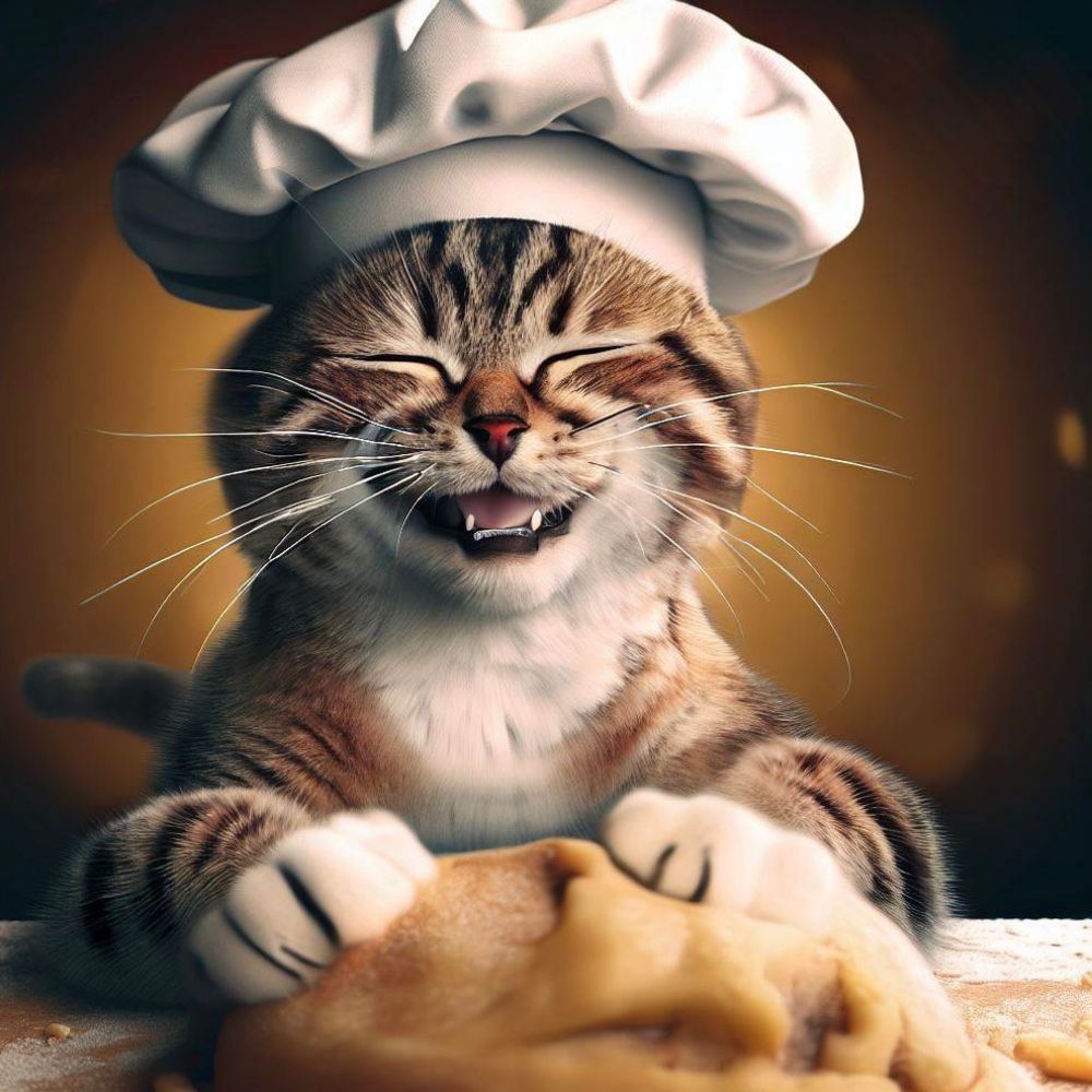 AI art: cat smiling while kneading pizza dough