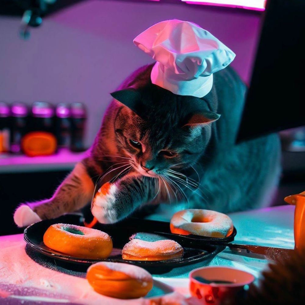 AI art: Cat making donuts in kitchen