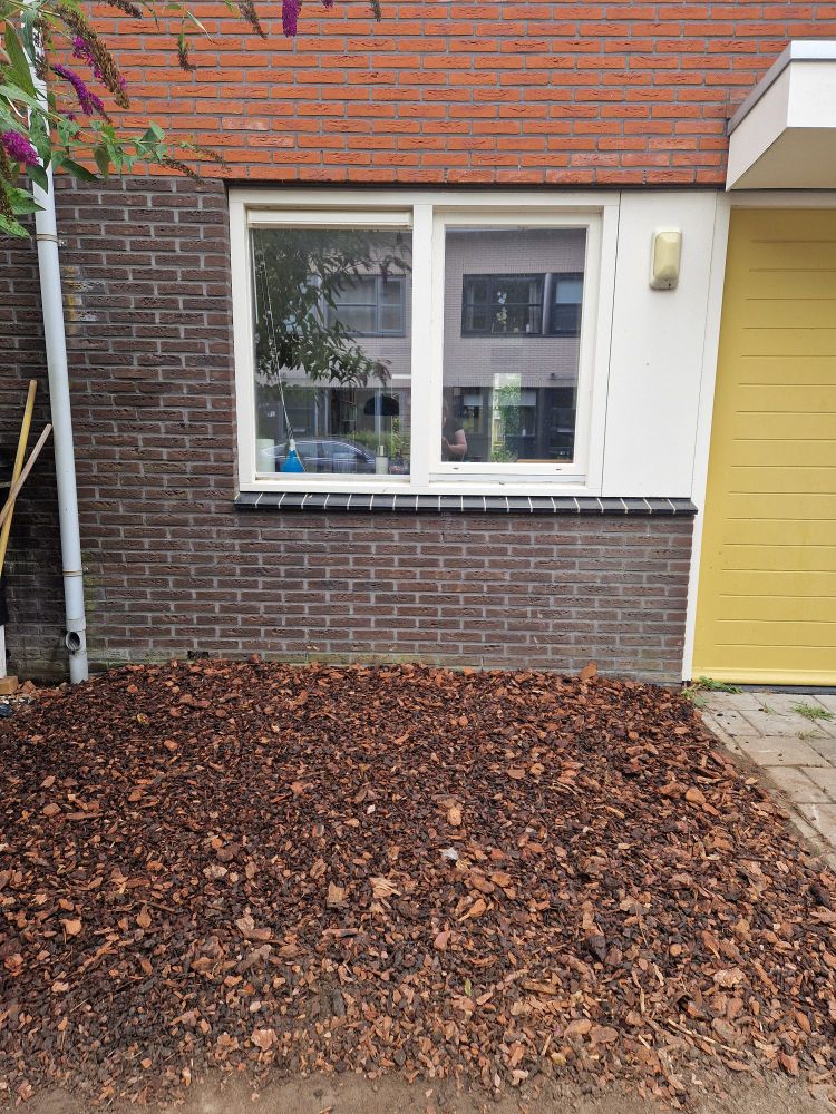 Dezelfde tuin, maar alle planten zijn er uit (rip). De tuinaarde is vernieuwd en er is een laagje boomschors op gelegd. 