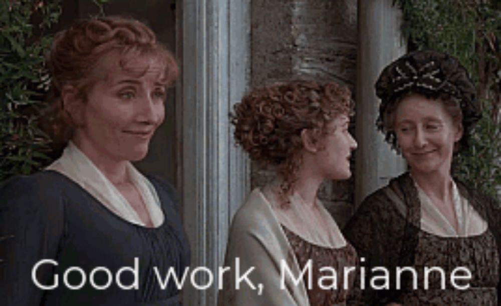 three women standing next to each other with the words " good work marianne " written below them