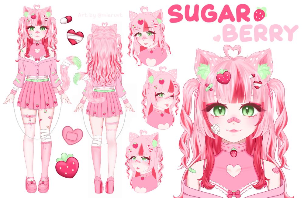 strawberry menhera catgirl oc with pink wavy hair with red streaks, two pigtails