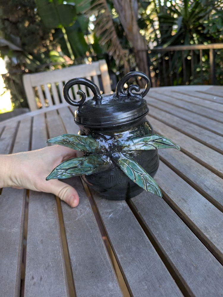 photograph of a sculpted jar sitting on a wooden table. the jar is carved an sculpted to look like the stylized face of a dragonfly with large eyes on the body of the jar, curly antennae as the "knob" on the lid and 2 pairs of wings on the back.

the jar is a very dark teal and the eyes/wings are a gradient of light teal to turquoise 

this view shows the back with the wings