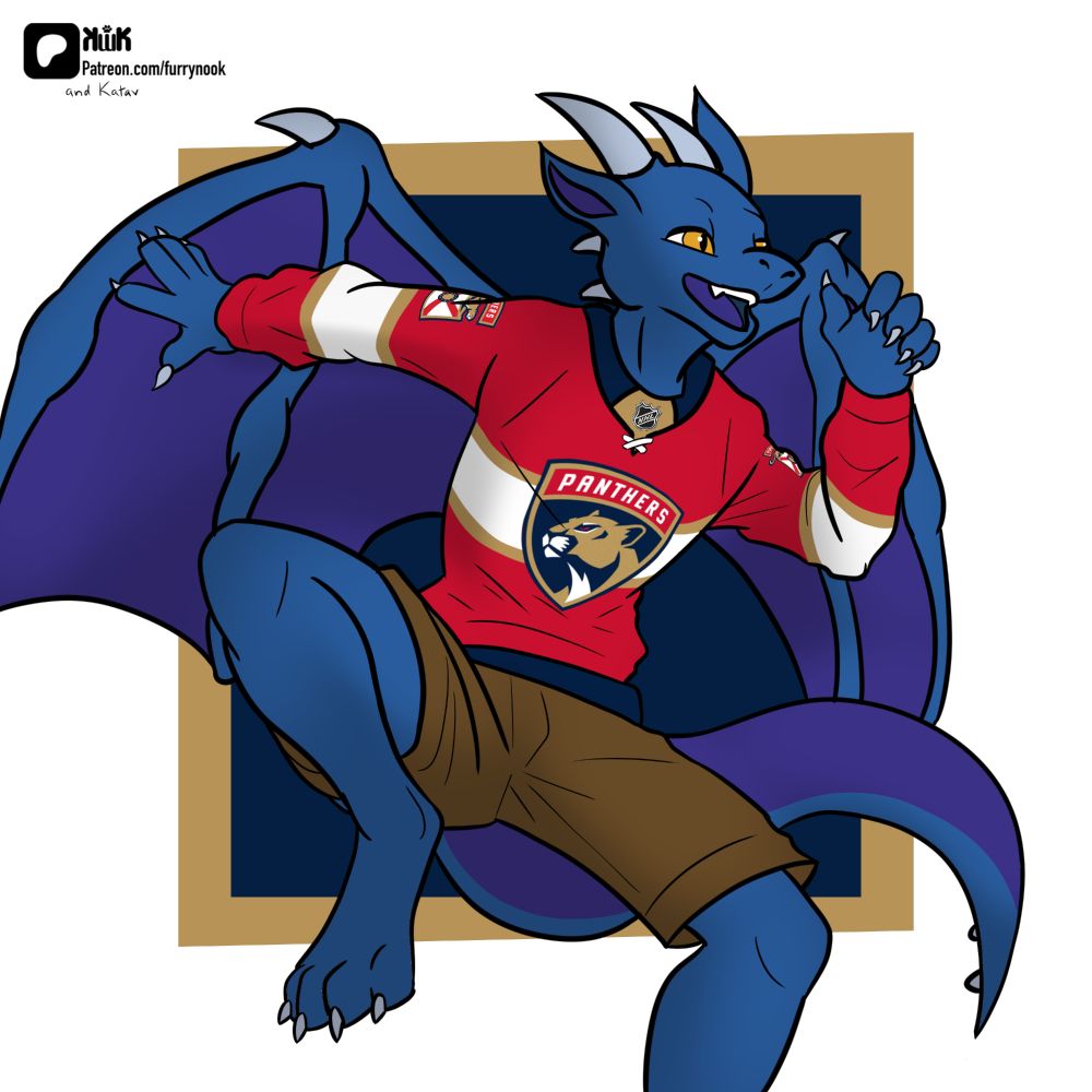 jumping blue anthro dragon wearing a Florida Panthers jersey