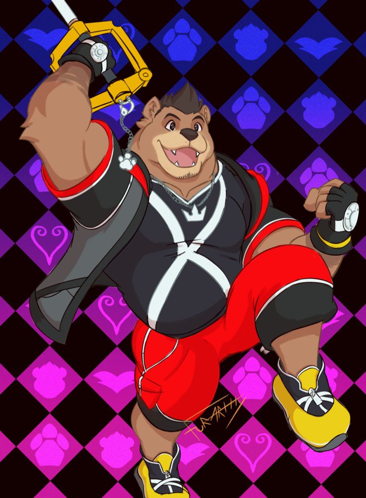 Drawing of Bruno Beaw, a brown anthro bear, dress up as Sora from Kingdom Hearts, in his KH Dream Drop Distance outfit. The backgroud is a checkerd board style with a few symbols on the background.