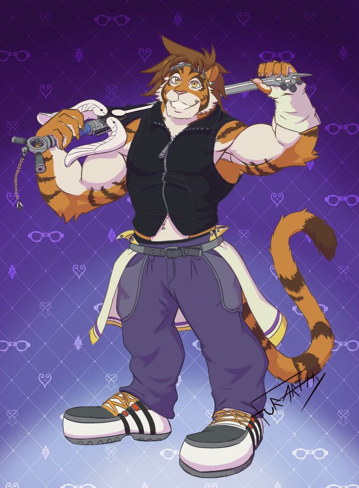 Illustration of Lukke Tiger dress up as riku holding a keyblade behind him.
