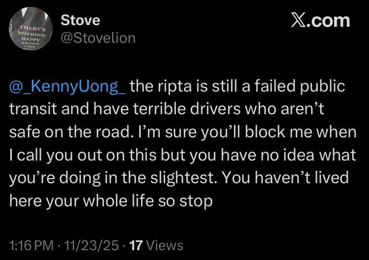 Post from @stovelion on X: “@_KennyUong_ the ripta is still a failed public transit and have terrible drivers who aren’t safe on the road. I’m sure you’ll block me when I call you out on this but you have no idea what you’re doing in the slightest. You haven’t lived here your whole life so stop”